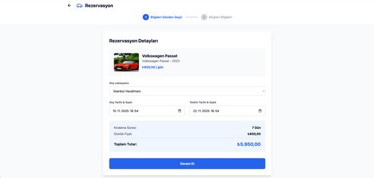 Adım adım ilerleyen bu profesyonel rezervasyon akışı, müşterilerinizin güvenle işlemi tamamlamasını sağlar. Basit, şık ve kullanıcı dostu arayüz sayesinde terk edilen sepet oranı minimuma iner.
