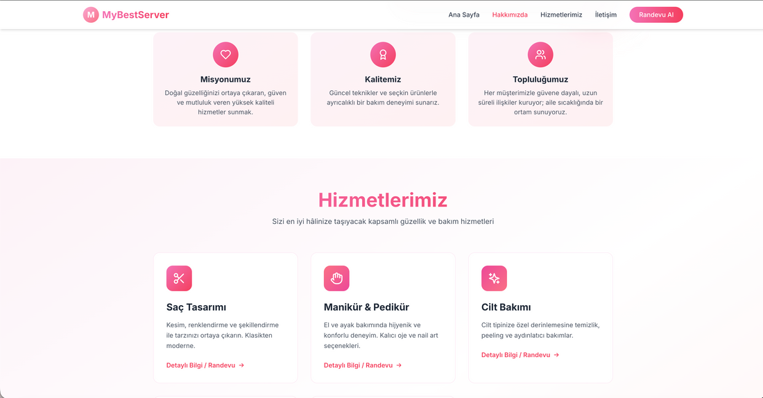 Bu bölüm, sunduğunuz tüm hizmetleri düzenli ve anlaşılır şekilde göstererek müşterinin ihtiyacına uygun seçimi kolaylaştırır. Ziyaretçi, “tam olarak aradığım hizmet burada var mı?” sorusunun cevabını burada bulur.
