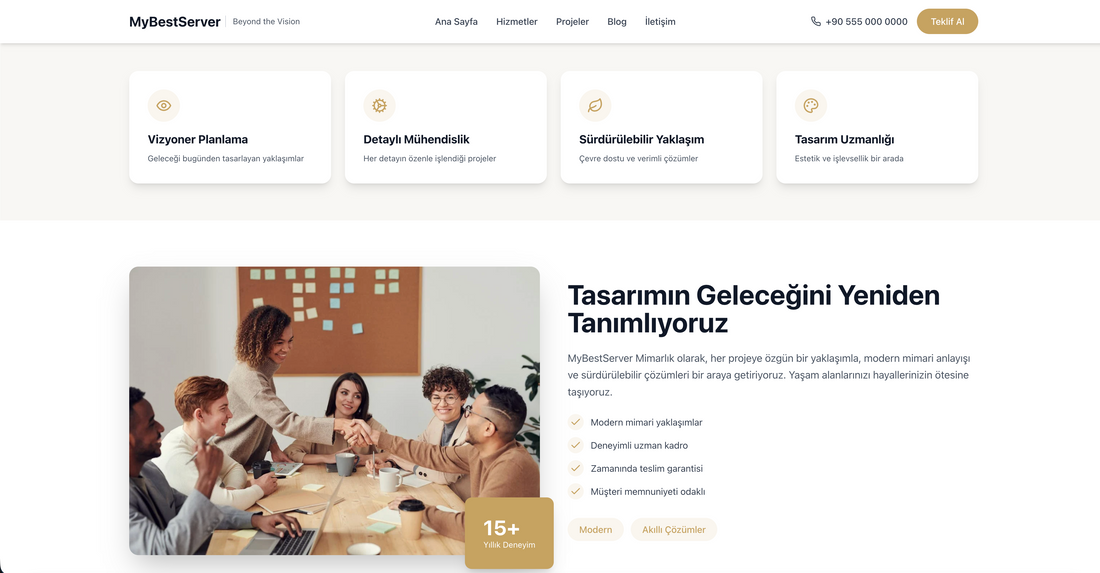 Mimarlık ofisinizi sadece sergilemekle kalmayın, profesyonel web sitesiyle yeni müşteri kazanan bir markaya dönüştürün.