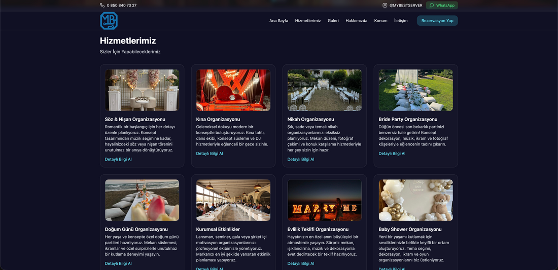 Tüm hizmetlerinizi şık kart yapısı ve açıklayıcı metinlerle sunarak müşterilerinizin güvenle sizi tercih etmesini sağlarsınız. Profesyonel tasarım sayesinde ziyaretçiler yalnızca bakmakla kalmaz, detay sayfalarına geçip aksiyona yönelir.