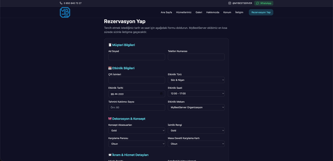 Rezervasyon formu, müşteri bilgilerini eksiksiz toplar ve hem işletme sahibine hem de müşteriye otomatik SMS ile bilgilendirme göndererek süreci zahmetsiz hale getirir. Düzenli, güven veren bu yapı sayesinde kimse bilgi kaçırmaz, rezervasyon süreci hızlı ve profesyonel ilerler.
