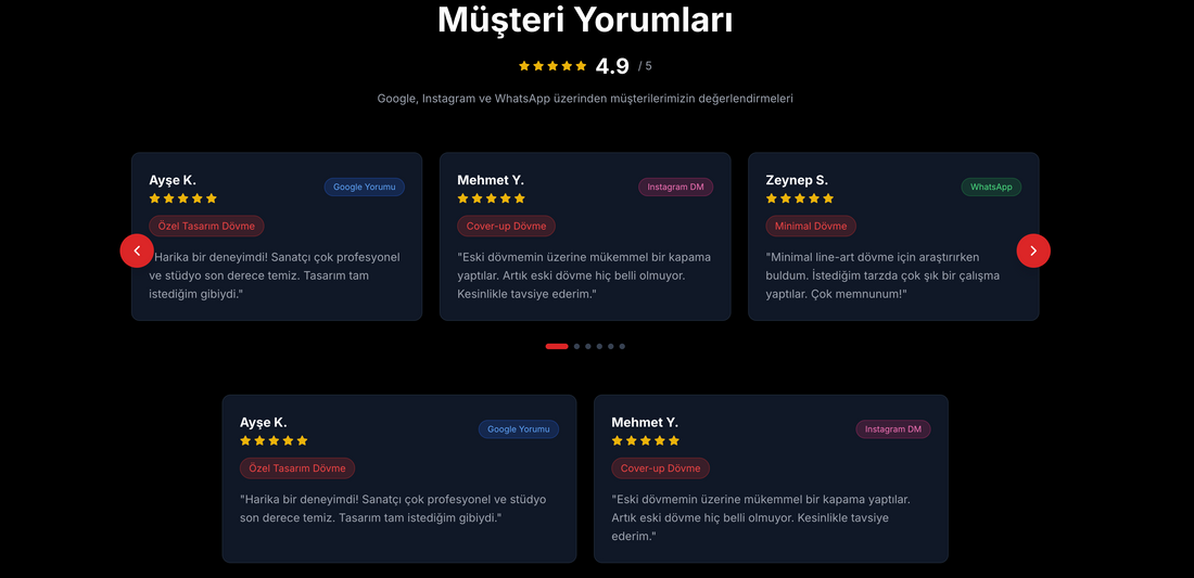 Google, Instagram ve WhatsApp üzerinden gelen yüksek puanlı değerlendirmeleri sergileyerek stüdyonuzun profesyonelliğini kanıtlayın ve yeni müşterileri size yönlendiren güçlü bir güven duvarı oluşturun.